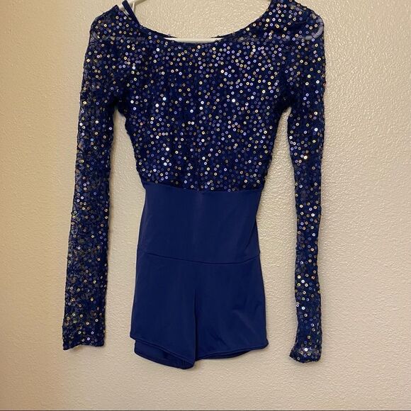 WEISSMAN Dance Costume navy sequin *discontinued* long sleeve biketard-adult SA - Picture 2 of 9